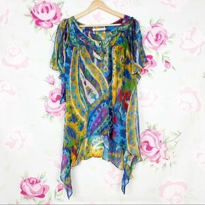 ZARA Watercolor Floral Art To Wear Print Silk Flutter Sleeve Blouse S